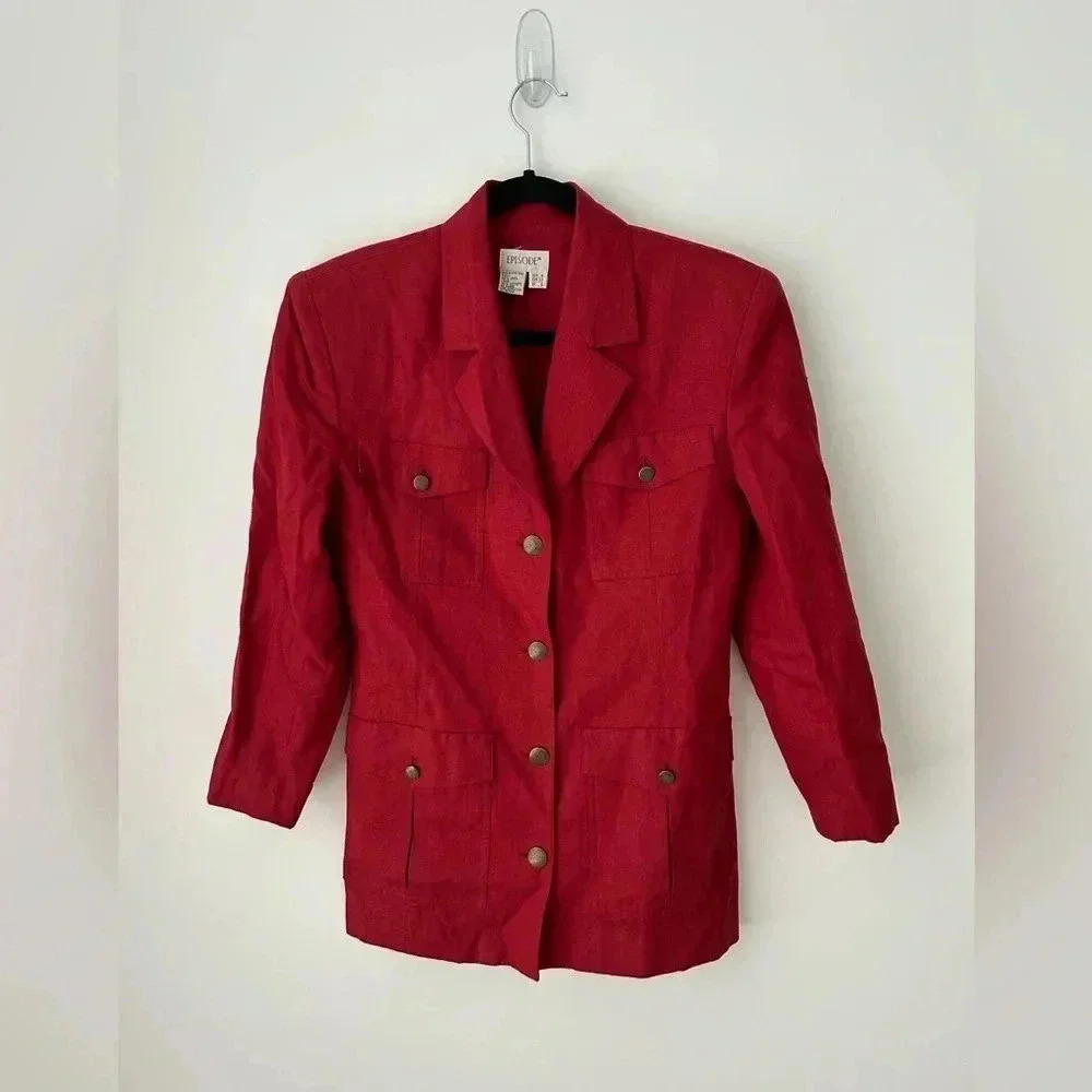 Vintage 90s Episode Red Linen Blazer Gold Button Tailored Jacket Women Size 4 - Picture 2 of 11